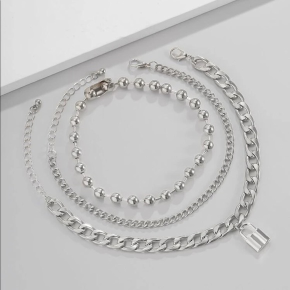 MEN’s Streetwear Y2K 90s Padlock Charm Ball Chain Cool Silver Bracelets set cute - Picture 3 of 4